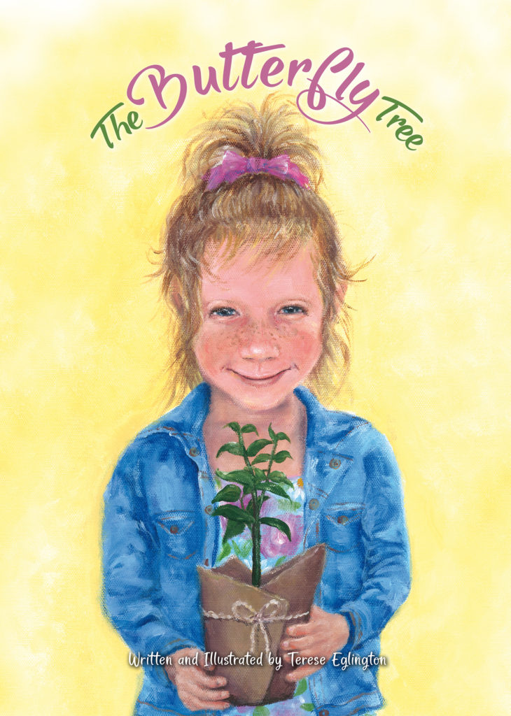 Front cover of 'The Butterfly Tree' showing Aylsa holding a present